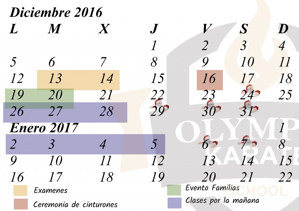 Calendario de Navidad en Olympic Karate School Olympic Training Center